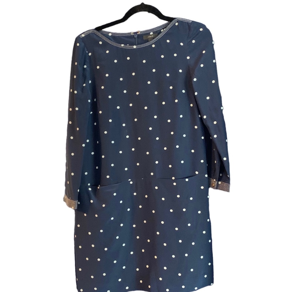 J. Crew 100% Silk Polka Dot Dress Navy Blue White Sz 2